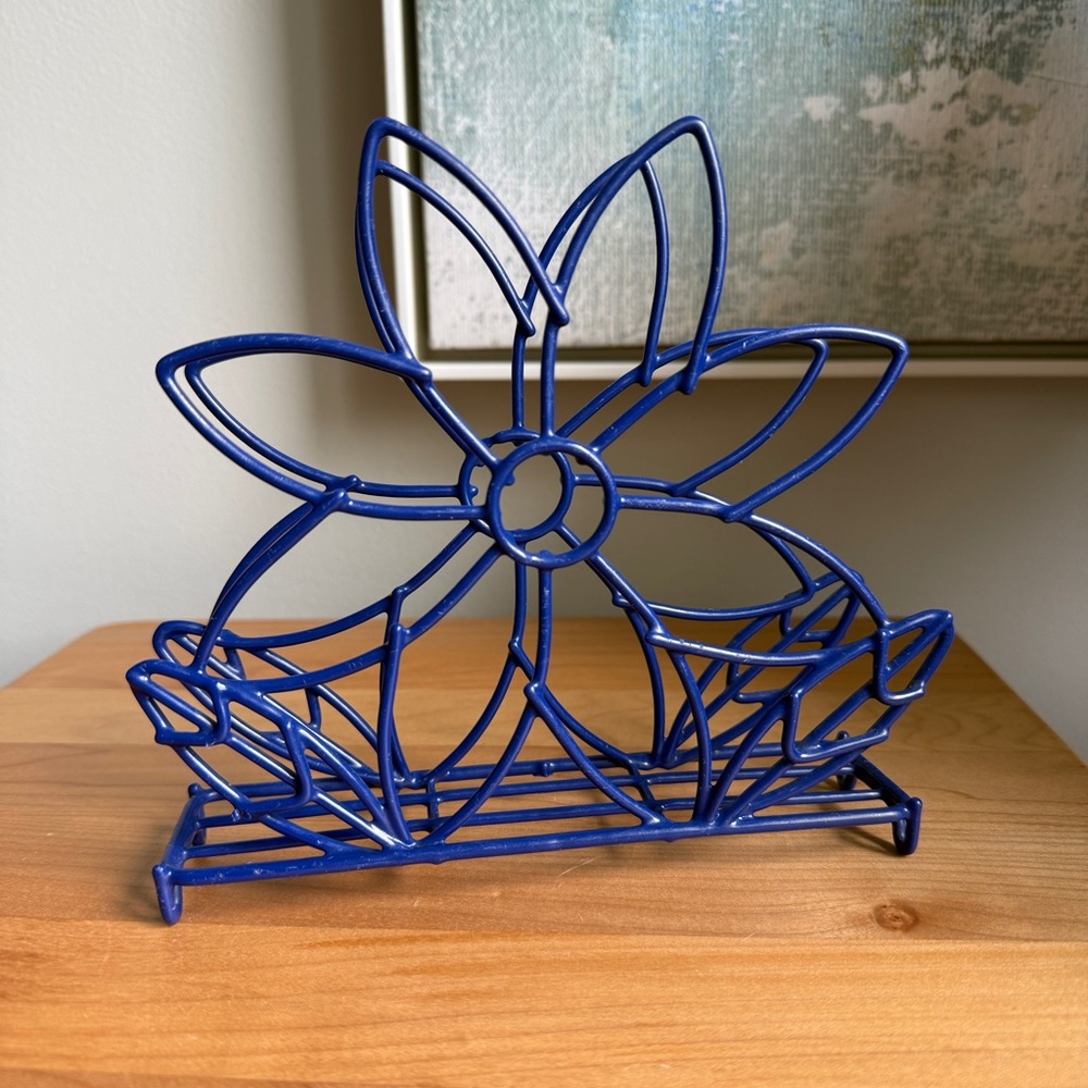 Vintage Blue Metal Daisy Flower Napkin Holder Groovy Retro Kitchen Decor 1960s
